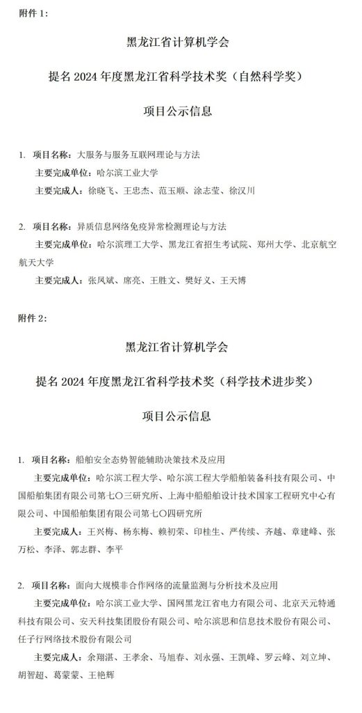 黑龙江省计算机学会关于拟提名2024年度黑龙江省科学技术奖项目公示